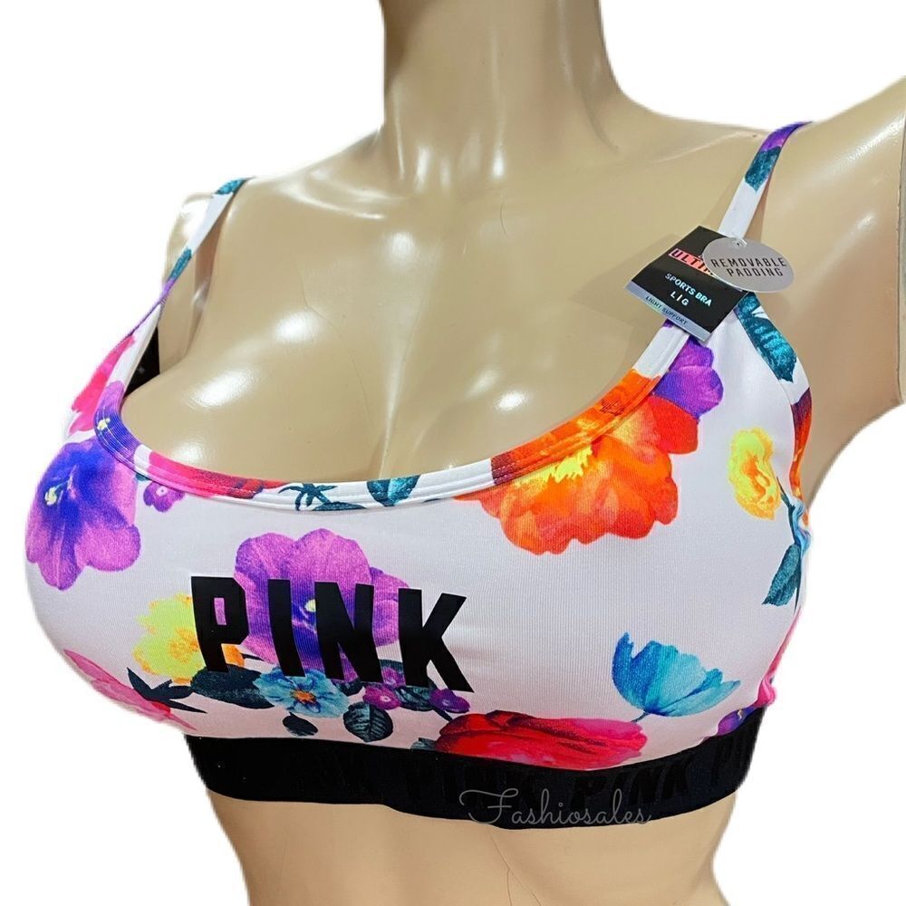 Victorias Secret Pink Ultimate Lined Removable Padding sport bra white floral